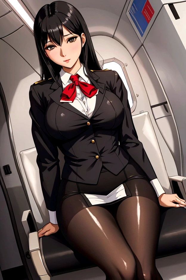 Shiny pantyhose Stewardess Black hair Beautiful breasts