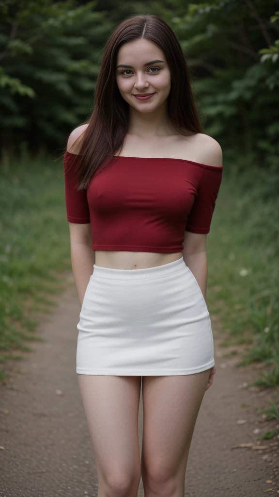 RAW photo, photo of overweight 35 year old woman, (long brunette hair), (tight skirt), (red off shoulder top), standing outdoors, pale white skin, thick thighs, freckles, blemishes, lipstick, ((short height, broad shoulders, ((wide hips and waist)), ((chubby:1.3)), flat chest, happy, smiling