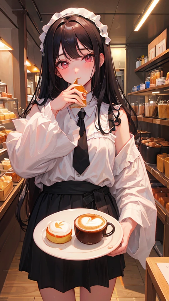 ((Highest quality)), ((masterpiece)), (detailed), Perfect Face、
Her long black hair flowed down to her shoulders.、Fair skin Bangs Eating pudding Pink eyes Coffee shop
