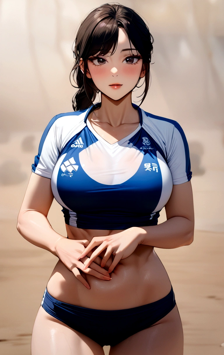 Arabian Asian woman taking a photo in blue and white bikini, Play sports often and shirt, Wearing a volleyball jersey, V-shaped clothing with an open neckline, wearing Tight shirt, Japanese Model, Korean Girls, Play sports often and dark blue shorts, Korean women, sporty physique, Play sports often, Tight shirt, sporty, beautiful south Korean women, Close-up shot of half body