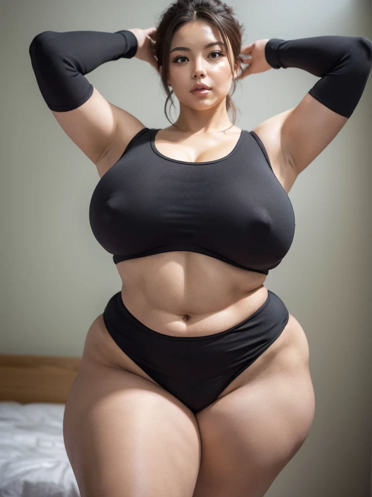 Curvy woman, tanktop and shorts, thin waist, natural abs, skin tight clothes, spandex
