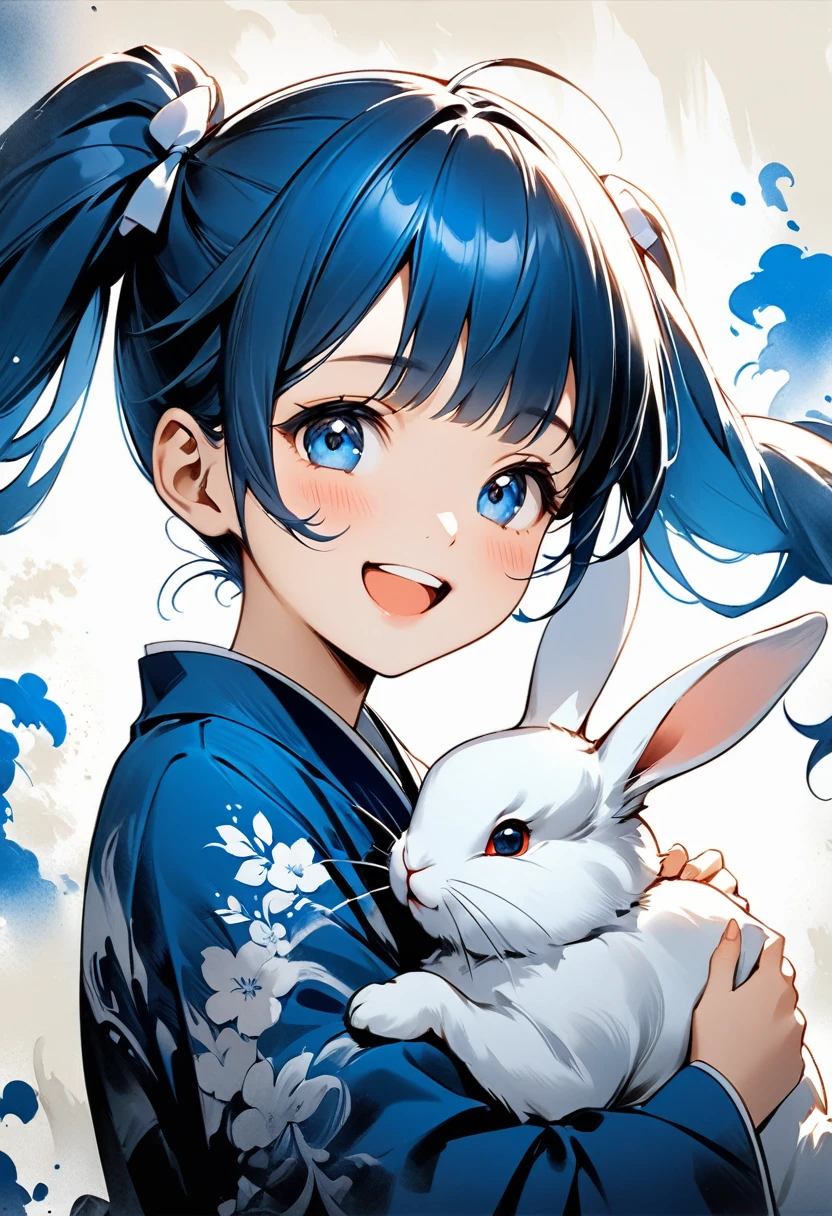 Draw a fantasy portrait in ink painting,A cute girl with blue twintails Holding a rabbit and laughing, (drawn with one color of blue ink1.5), Powerful brushstrokes,An old-fashioned ink painting image,(High quality, high definition, 4k, 8k, :1.2)ultra-definition