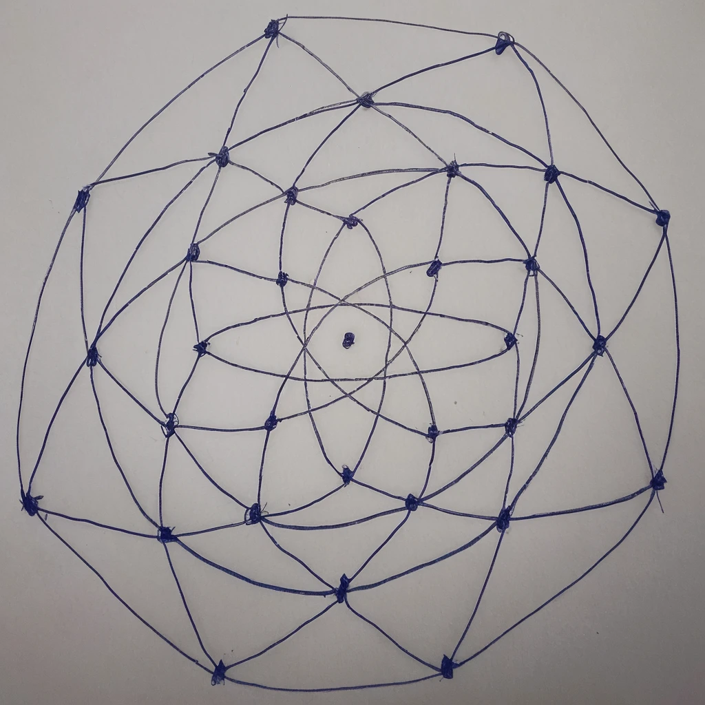 create Drawing of a complex geometric pattern on a sheet of paper. The drawing is made up of several thin lines drawn with a blue pen., forming a set of interconnected hexagons and triangles, creating a net or web effect. Each intersection of the lines has a highlighted point with a small marking or circle. The pattern is symmetrical and organized in a circular shape, with a small central dot in the middle of the design. The sheet of paper is white and the drawing takes up most of the space, with perfect lines, giving a handcrafted touch to the pattern