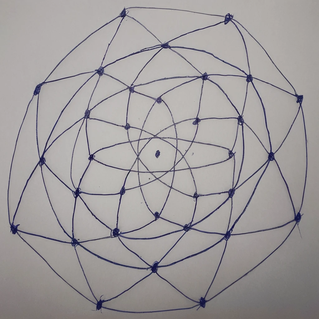 create Drawing of a complex geometric pattern on a sheet of paper. The drawing is made up of several thin lines drawn with a blue pen., forming a set of interconnected hexagons and triangles, creating a net or web effect. Each intersection of the lines has a highlighted point with a small marking or circle. The pattern is symmetrical and organized in a circular shape, with a small central dot in the middle of the design. The sheet of paper is white and the drawing takes up most of the space, with perfect lines, giving a handcrafted touch to the pattern