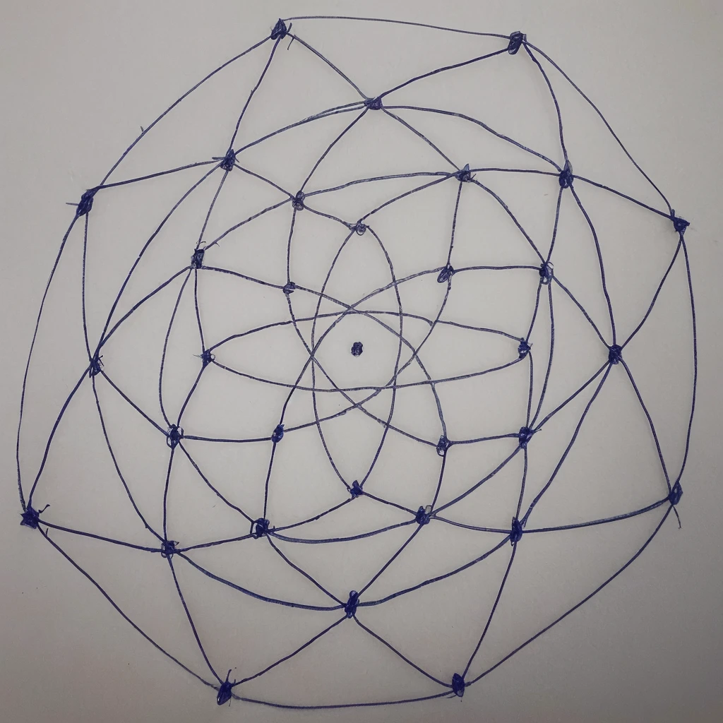 create Drawing of a complex geometric pattern on a sheet of paper. The drawing is made up of several thin lines drawn with a blue pen., forming a set of interconnected hexagons and triangles, creating a net or web effect. Each intersection of the lines has a highlighted point with a small marking or circle. The pattern is symmetrical and organized in a circular shape, with a small central dot in the middle of the design. The sheet of paper is white and the drawing takes up most of the space, with perfect lines, giving a handcrafted touch to the pattern