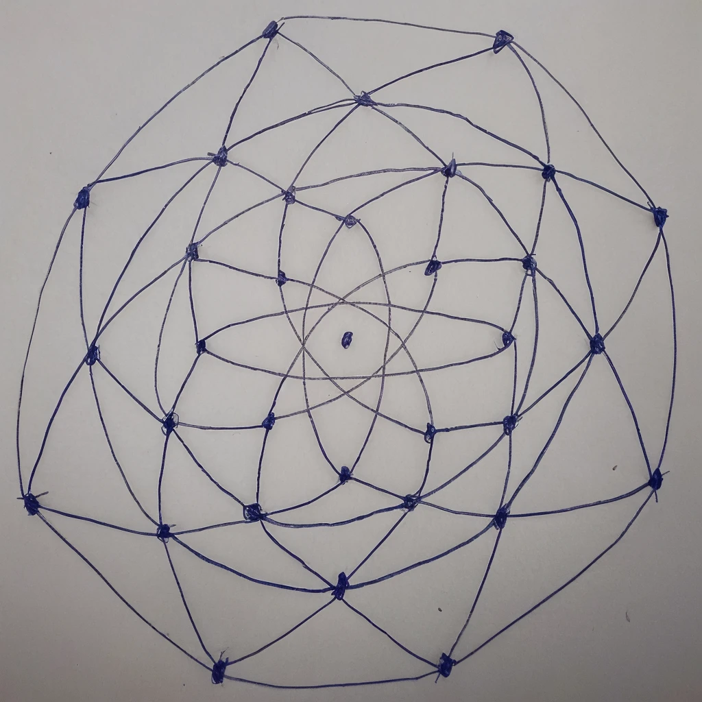 create Drawing of a complex geometric pattern on a sheet of paper. The drawing is made up of several thin lines drawn with a blue pen., forming a set of interconnected hexagons and triangles, creating a net or web effect. Each intersection of the lines has a highlighted point with a small marking or circle. The pattern is symmetrical and organized in a circular shape, with a small central dot in the middle of the design. The sheet of paper is white and the drawing takes up most of the space, with perfect lines, giving a handcrafted touch to the pattern