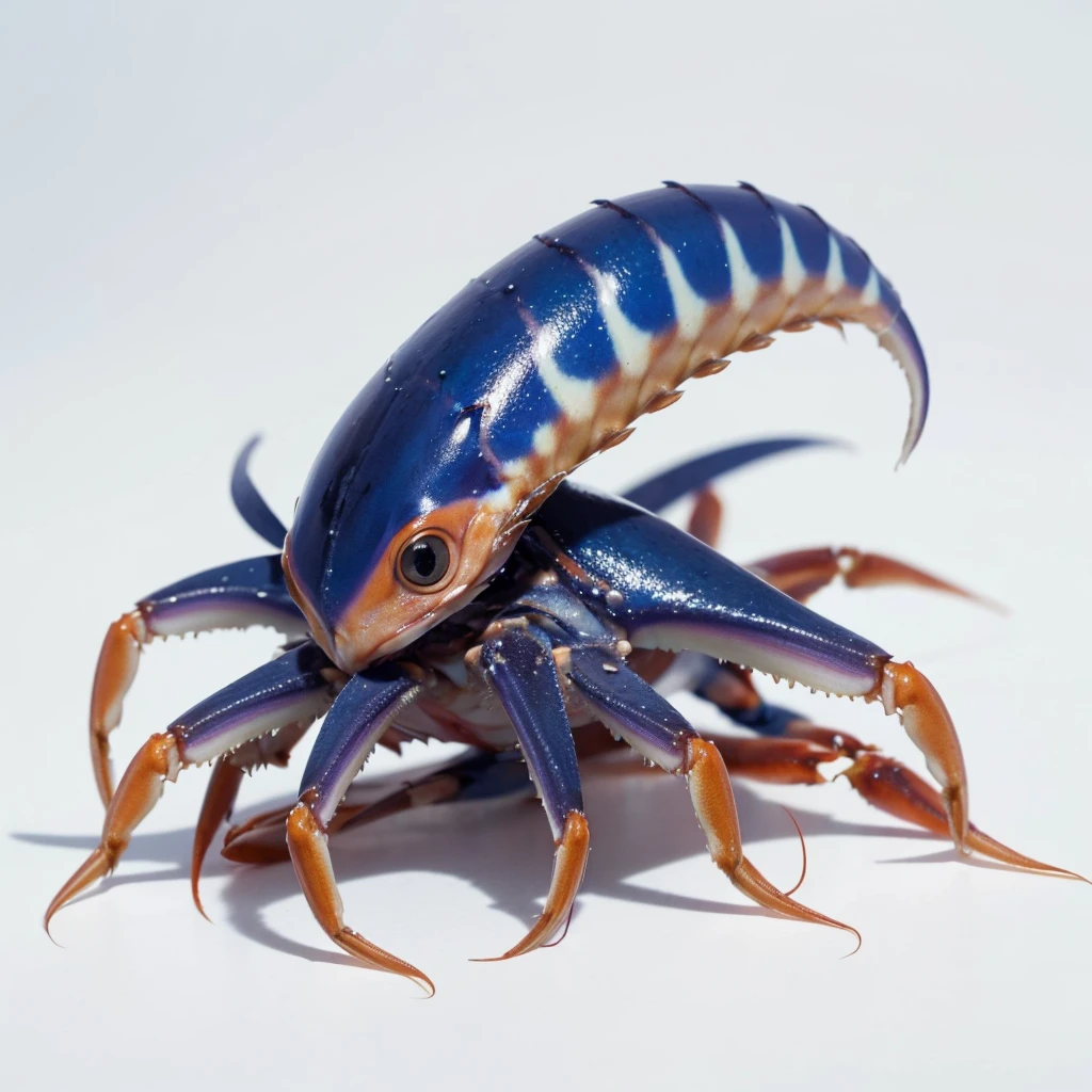Small Animaly, generate results for squid mixed with crab, has blue stripes on his skin, white eyes, Grassroots, no background