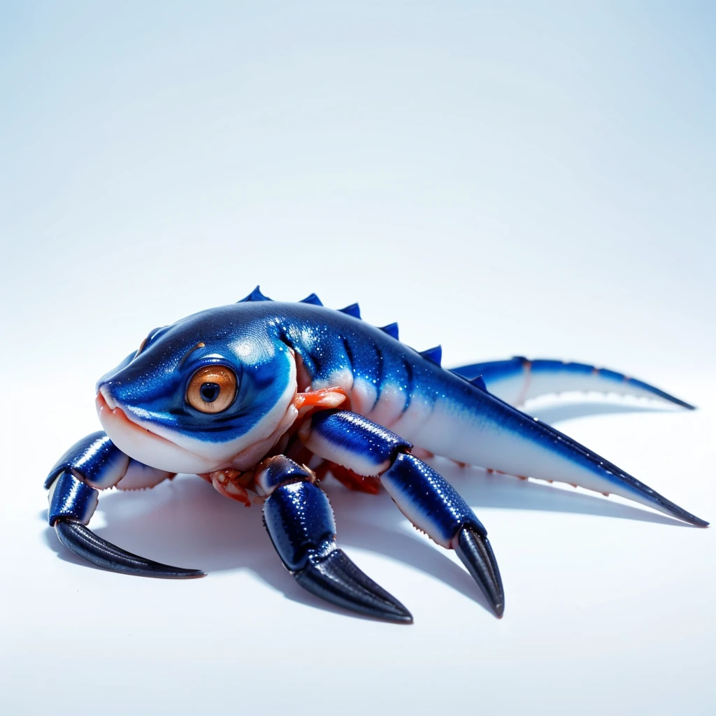Small Animaly, generate results for squid mixed with crab, has blue stripes on his skin, white eyes, Grassroots, no background
