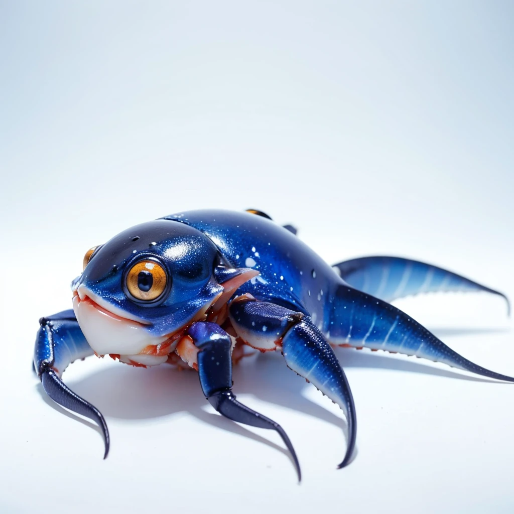 Small Animaly, generate results for squid mixed with crab, has blue stripes on his skin, white eyes, Grassroots, no background