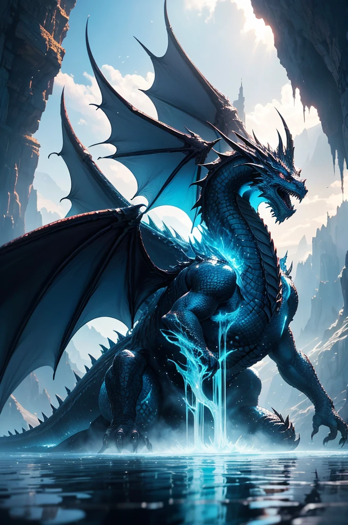 huge dragon monster,Reference Space Warrior Bahamut,silver white gold bahamut. Photography that captures the essence of a magical dream world with the awe of an epic legend. The cliff of epic legend,Hanging over a beautiful lake, Surreal and vibrant colors light up its reflections. The atmosphere is otherworldly, Soft nightlight casts ethereal shadows. Images create a sense of depth and mystery, It's as if the audience is transported to another dimension, Created using Canon EosIII Zeiss 120mm wide-angle shooting
