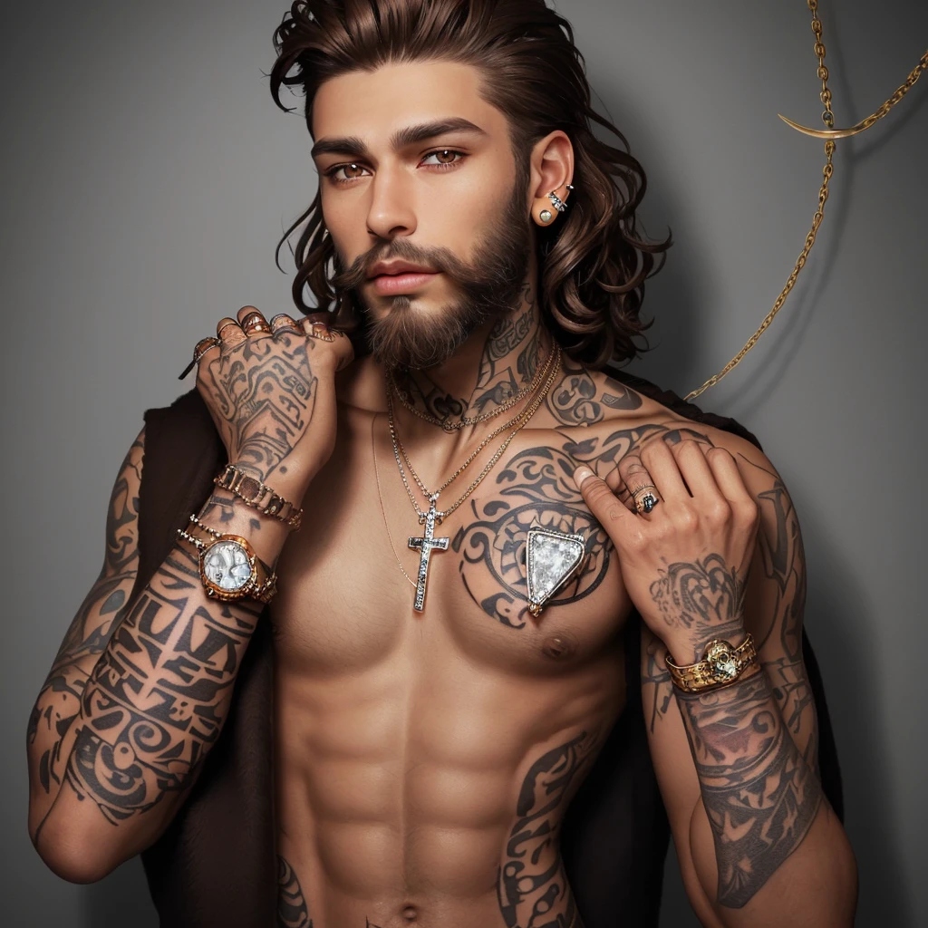 A male with jawline, brown eyes, brown curly hair, small diamond cross ear studs, hollywood style brown beard, neck tattoos and tattoos on hand, wearing diamond chain and rolex watch
