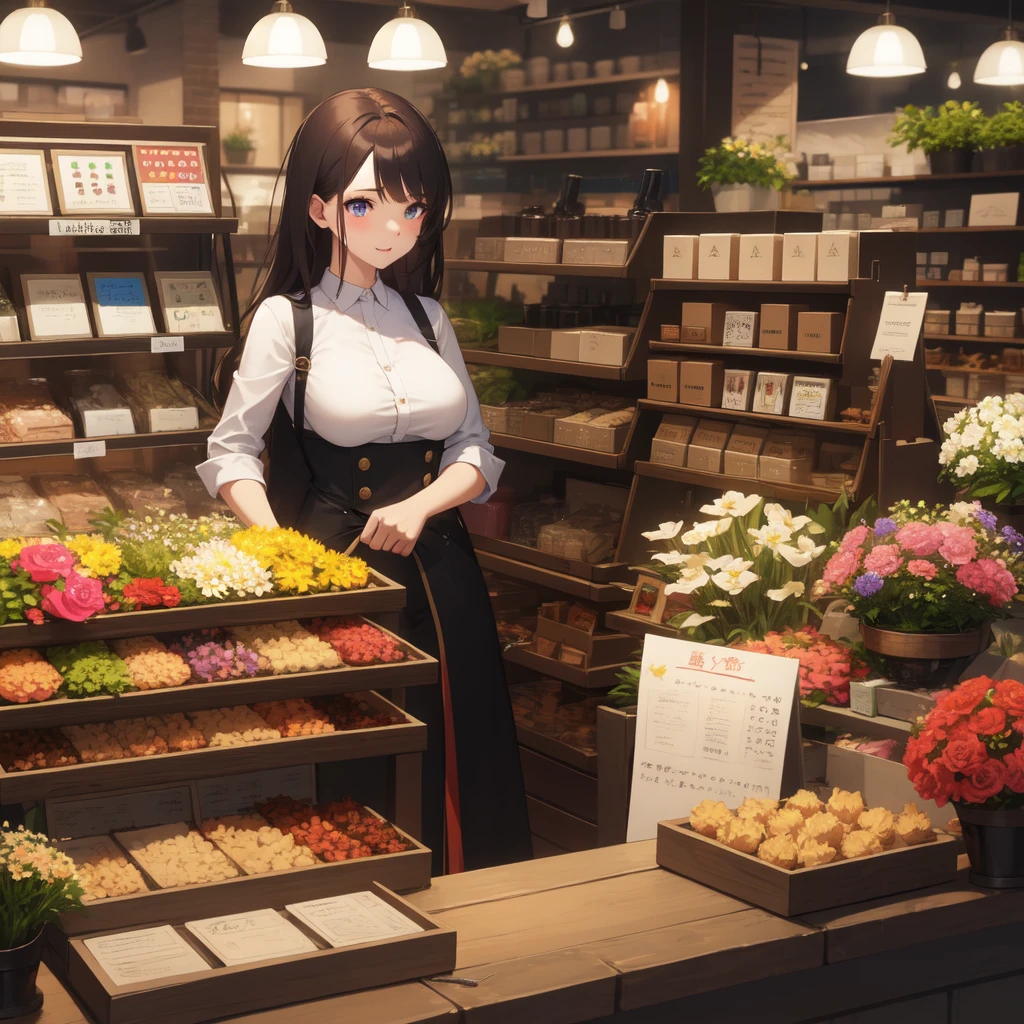 masterpiece, best quality, 1girl, food, solo, skirt, shop, indoors, jacket, shopping, jewelry, shirt, shelf, short hair, black hair, plaid skirt, black jacket, yellow eyes, looking at viewer, standing,
