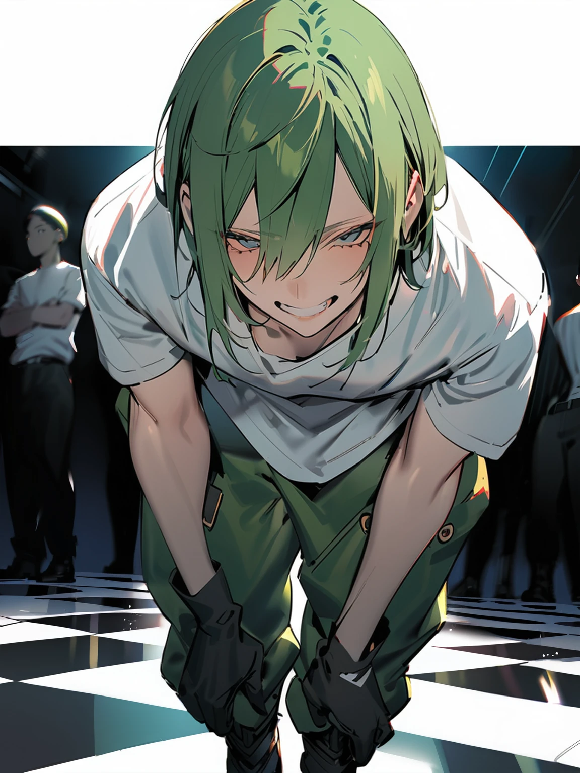 1 male, alone, young,short hair,Center Part,Green Hair,Looking at the audience,Mouth closed, , White eye,Blue eyes,,White short sleeve shirt,Black gloves,Green baggy pants, Black boots,lips, eyelash,from the front,laughing, Compensate, Straight Hair,masterpiece,Very detailed