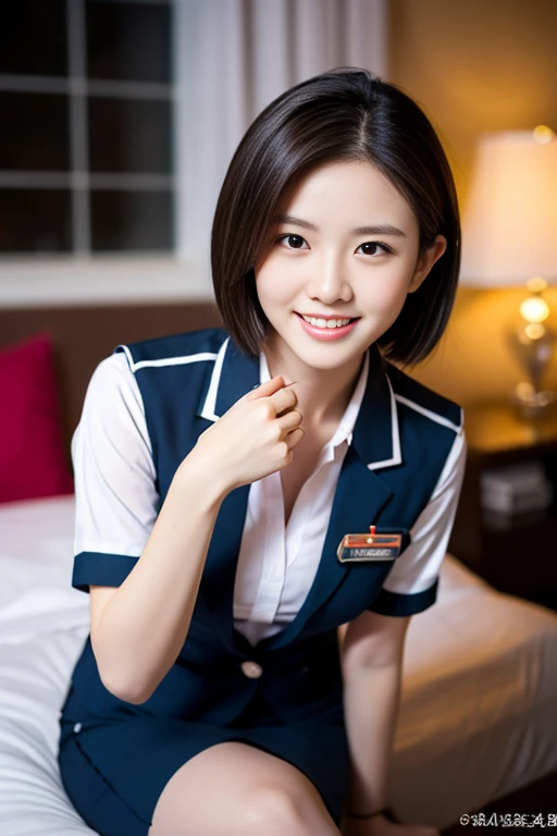a gorgeous lady, age 21, Flight Attendant uniform, Shenzhen Airlines Stewardess, wet white shirt and pink mini-skirt, natural sitting pose on bed, dimpled smile, short ponytail hair, short bob hair, cute snaggleteeth, well-endowed round bosom, long flawless legs, photorealistic, beautiful detailed eyes, beautiful detailed face, hyper-realism, high contrast, ultra HD, realistic skin textures, top image quality, top-quality, super high resolution, fine details, very meticulously, full body shot, dark bokeh night background