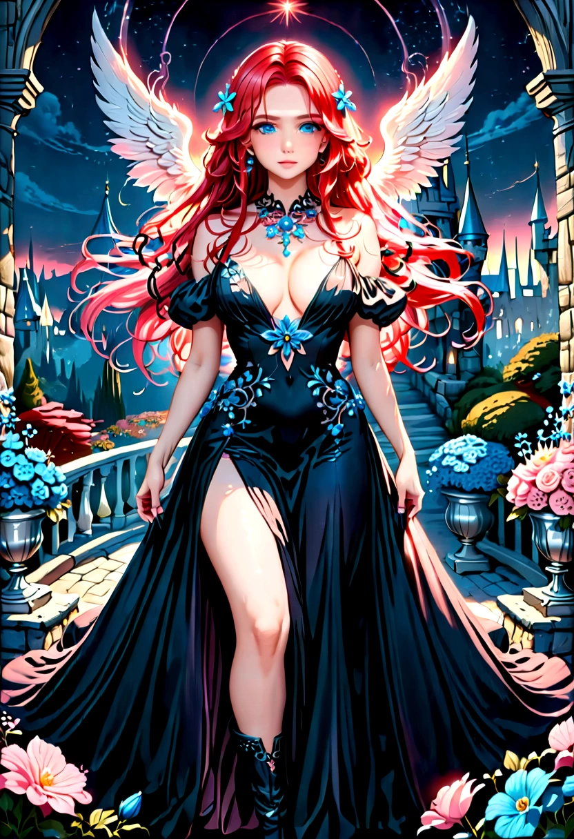 Arafed, a picture of a female angel in high society prom event, divine beautiful feminine angel, (red hair: 1.4), long hair, flowing hair, the hair glows in a soft light, cerulean eyes, deep light eyes, divine feminine face, she wears a ((pink and black evening dress: 1.5)), elegant, intricate detailed dress, silk dress, small cleavage, ((dress is decorated with blue flowers: 1.4)), she wears elegant knee high heeled boots, exquisite knee high heeled boots, she stands on the porch of a fantasy castle, dynamic angle, soft torch light, (Masterpiece: 1.5), 16k, highres, best quality, high details, ultra detailed, masterpiece, best quality, (extremely detailed), AngelStyle, GlowingRunesAI_paleblue, angel_wings, Angel, flower dress