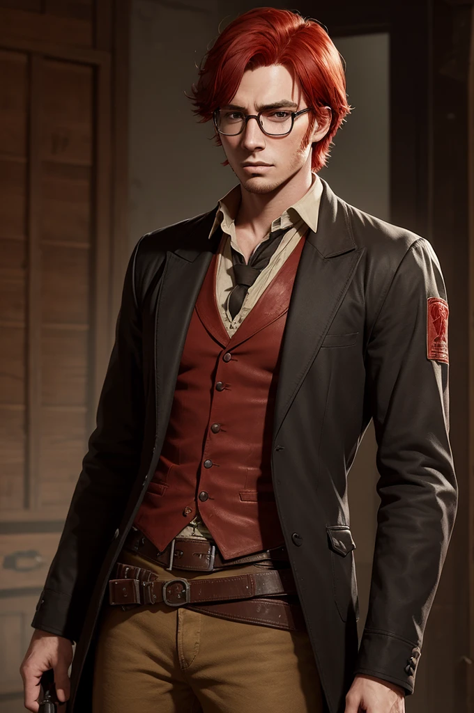 A Red Dead Redemption style image of a 21 year old boy with red hair, black clothes and prescription glasses