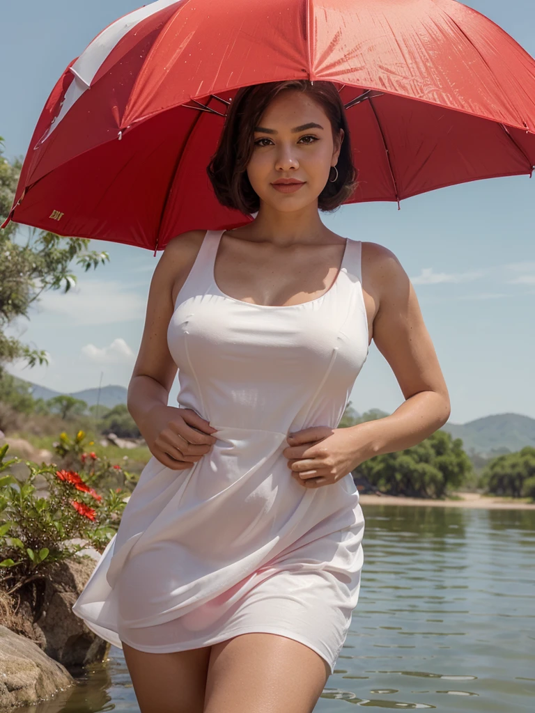 Araffe dress,Red dressRed wearing a short dress (white),Crocodile nearbya mountain of water near the Crocodiles nearby.light green, shining flowers,Red skywearing a suit (white), lipstick (pink)White flowersEscasamente vestido.Smooth sky model Hermosa figuracuerpo voluptuoso curvy hermosas sonrisa seductora Retrato Gabriella Lin Rojo Orange dress Red