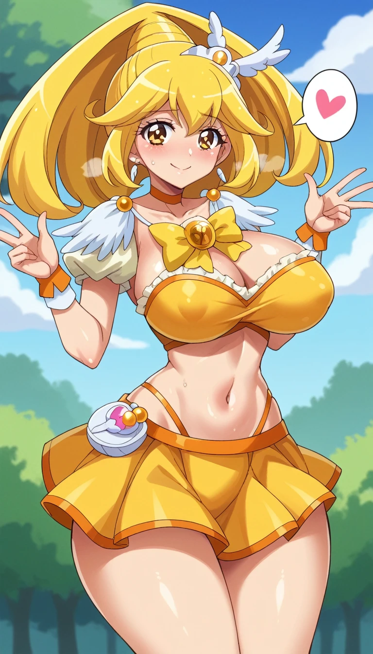 score_9, score_8_up, score_7_up, outdoor,
BREAK
source_anime, 
BREAK
1girl, curepeace, yellow hair, elect big nipple, huge breasts, happy, closed mouth, spoken heart, 
navel, skirt,
tall, leggy, glistened skin, oiled skin, shiny skin, heavy breathing, wide hips, tight waist, thick thighs,
contrapposto, 
looking_at_viewer,