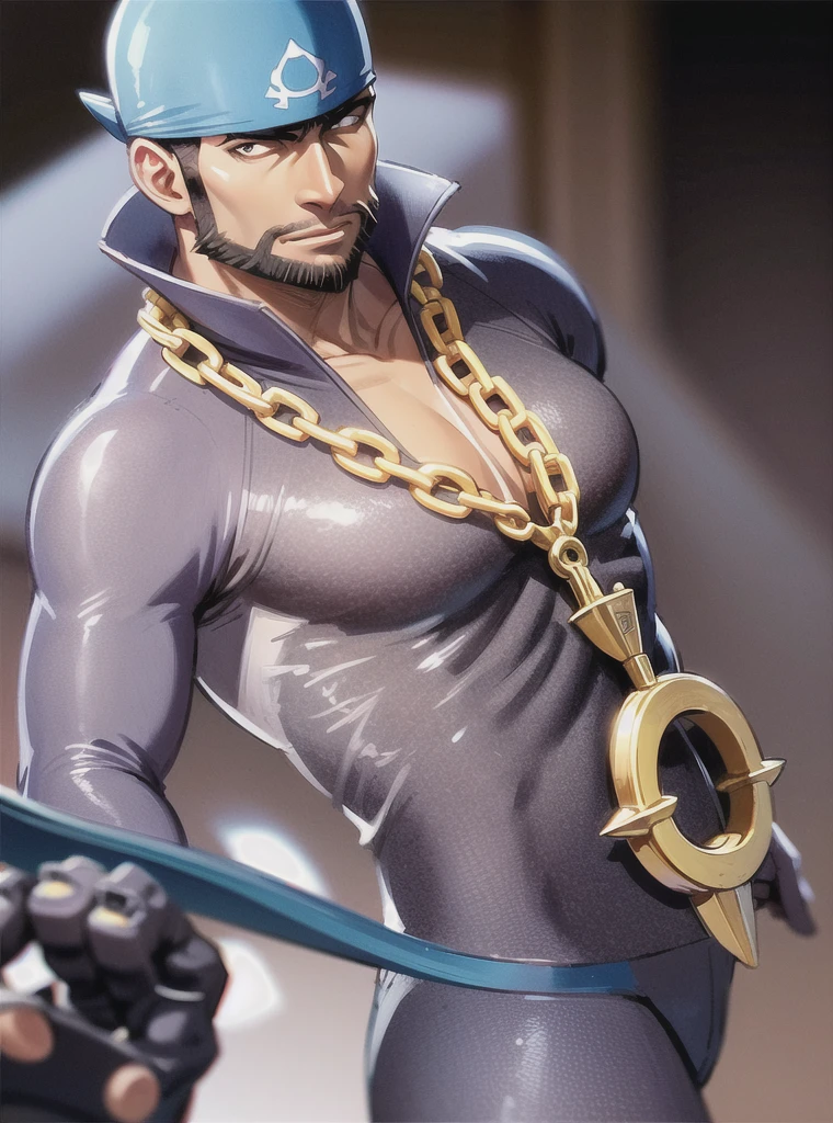 beard, male focus, wetsuit, bandana, 1boy, facial hair, dark skin, pectorals, dark-skinned male, blue bandana, angry, chain necklace, jewelry, necklace, anchor necklace, bara, bodysuit, muscular, muscular male, pokemon (creature), short hair, blue bodysuit, pectoral cleavage, covered abs, mature male, black eyes, looking at viewer, chain, anchor, large pectorals, watercraft, solo , underwater, teeth, skin tight, black hair, multicolored bodysuit, 