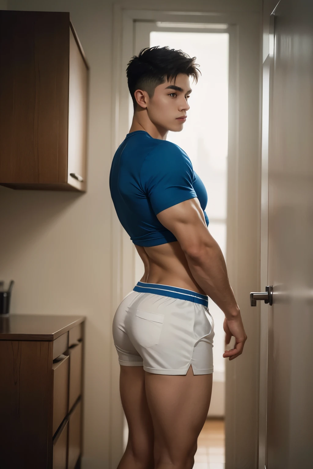 skinny boy with big bubble butt, 21 years old, short hair, high detail, full body, photography, homoerotic, perfect face, white skin, lean, 8k, realistic, ultra hd, realistic, vivid colors, highly detailed, perfect composition, beautifully detailed intricate insanely detailed, 8k artistic photography, soft natural volumetric cinematic perfect light, huge manly bubble butt, highly detailed and perfect face, realistic hands, taking off his blue shorts, revealing his muscular ass, from the side