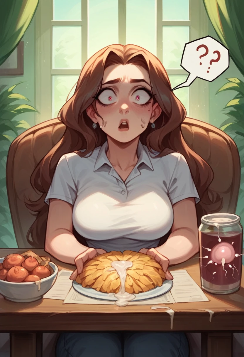 (masterpiece), best quality, score_9, score_8_up, score_7_up, score_6_up, score_5_up, score_4_up expressive eyes, 1girl, sexy lady, (((lady trying to enjoy her food but a man releases sperm on her face))) (((lady sitting at a table looking confused and shocked on why there is sperm on her face))), (((man penis is out leaking with cum))) cum on face, (((people watching in the background)), background, store, pov,