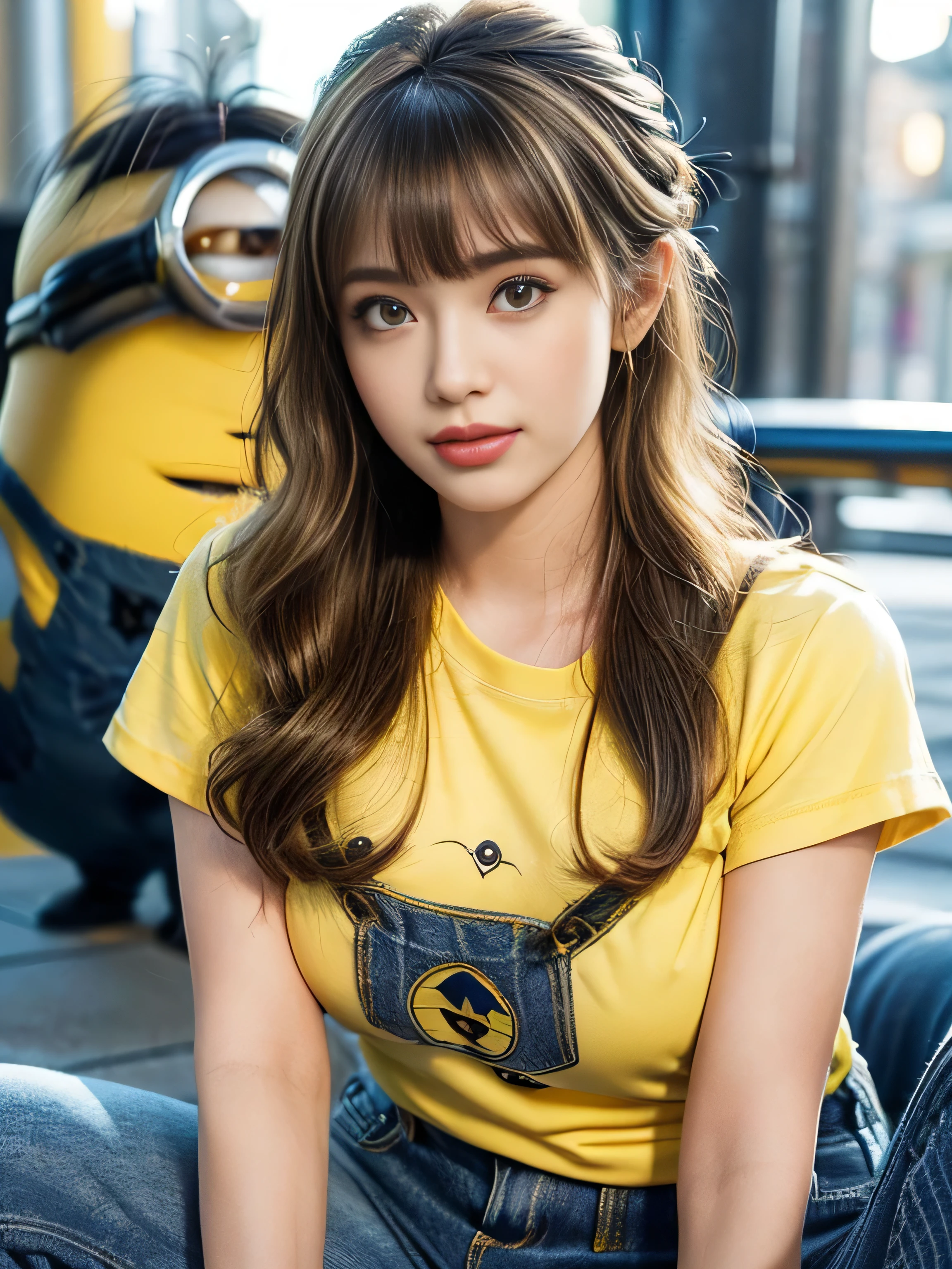 19 years old child, (wearing a pure yellow t-shirt and jeans:1.3), big round breast, nipple protrusio, (Minion Park:1.4), ((updo hairstyle, Dark blonde hair, wavy hair, long hair, asymmetric bangs:1.2)), (photorealistic:1.2), (ultra realistic:1.3), (very detailed:1.1), ((masterpiece)), (Hand Details:1.4), (happy:1.3), (Universal Studios Japan:1.3), depth of field, first person view.