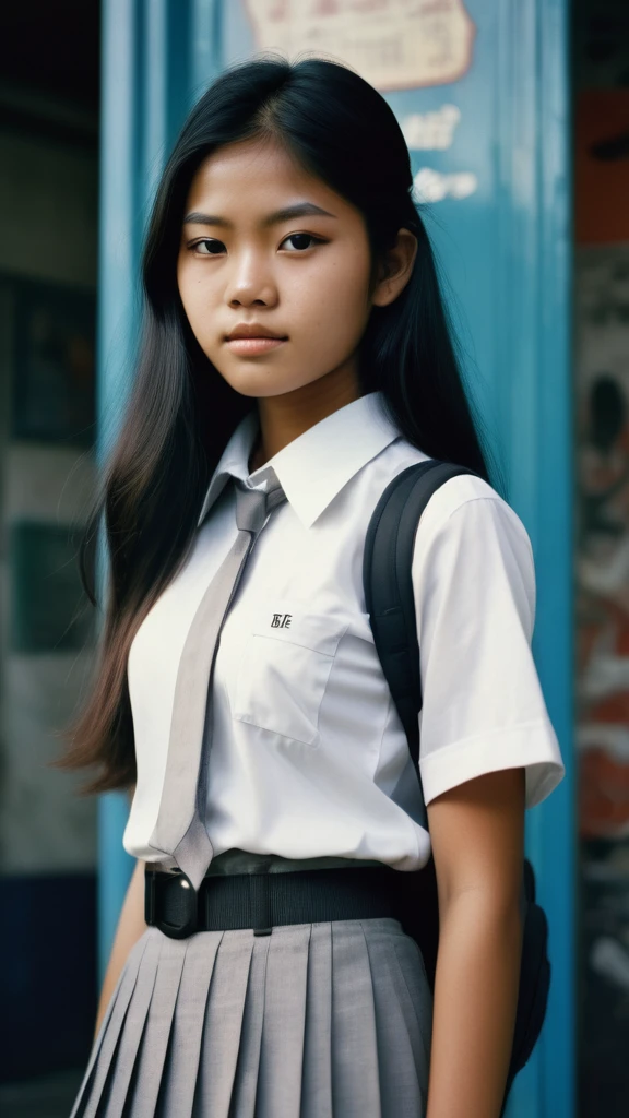 1970s era, 1970s hairstyles and fashion style, shot on 35mm film, An extreme low angle captivating photograph taken from the ground level below of a 16 year old Indonesian high school girl, with perfect face and perfect body, posing outdoor with the background of a vintage intricately detailed towerung billboard. She is silhouetted against a radiant, open sky. With her long, tied-back hair flowing gracefully, she dons a humble uniform, white short sleeves shirt with brown patch on her left pocket grey pleated skirt and black belt, and a black school bag, she gazes intently at the camera, exuding an enigmatic aura. The striking, high-contrast lighting enhances the atmosphere, making this scene truly unforgettable. She is looking directly unto the camera with lost look and a slight smile, with cinematic lighting, professional high definition photography style ,fotorrealista