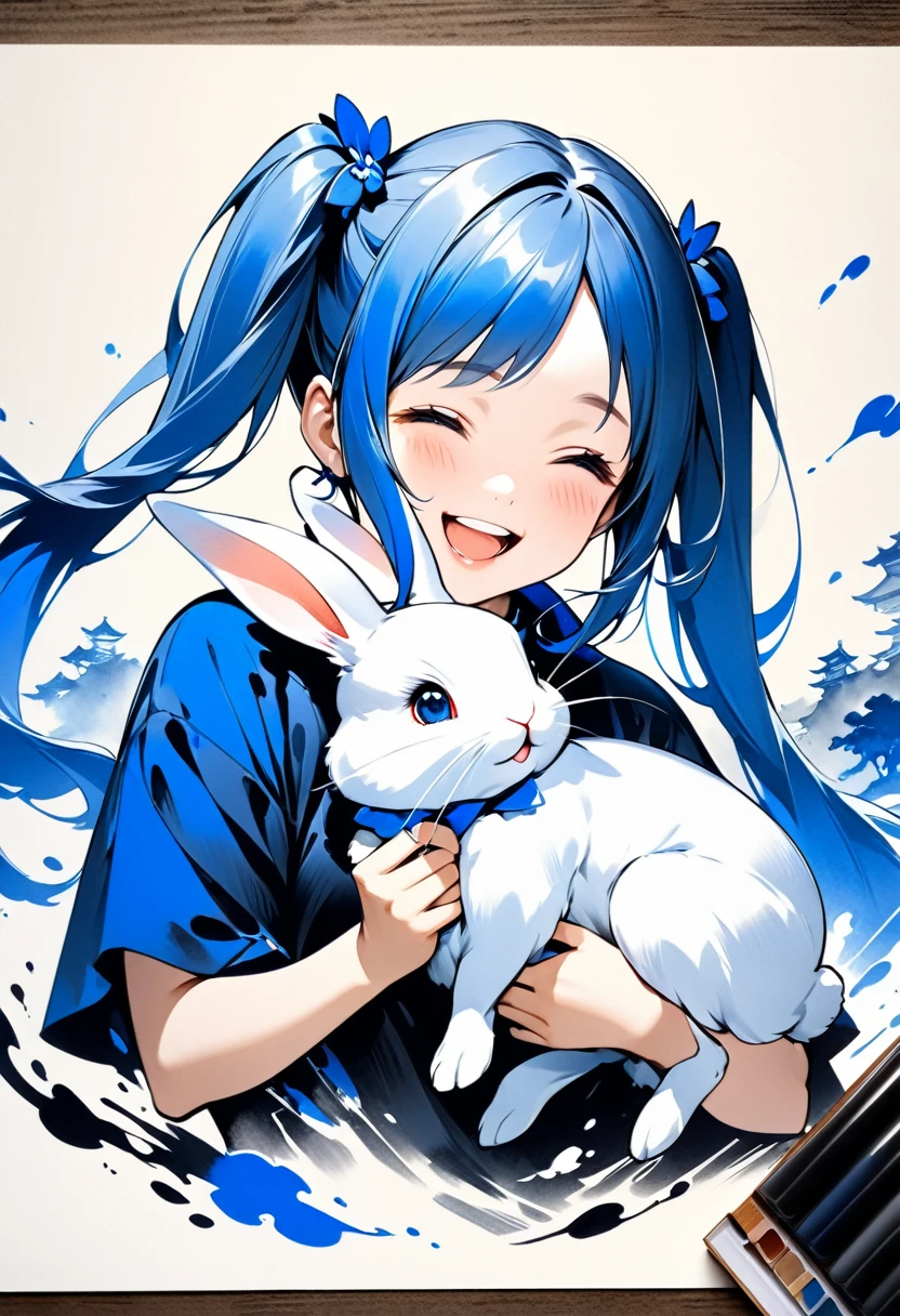 Draw a fantasy portrait in ink painting,A cute girl with blue twintails Holding a rabbit and laughing, (drawn with one color of blue ink1.5), Powerful brushstrokes,An old-fashioned ink painting image,(High quality, high definition, 4k, 8k, :1.2)ultra-definition