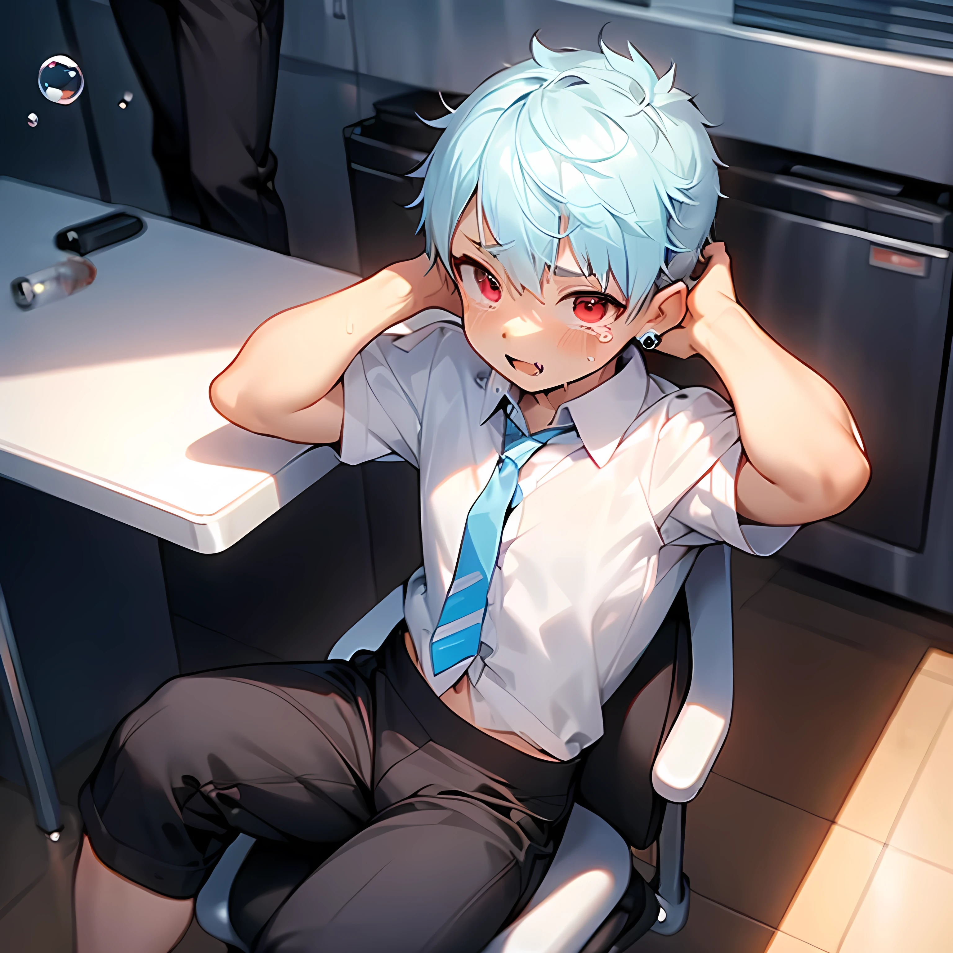 (boldline:-1.6), ((bubble)), (hands on his head:1.5), (sitting office chair:1.5), ((bubble)), (((fang))), (((best finger))), BREAK (best quality:1.5), (absolutely resolution:1.5), (ultra detailed:1.5), (masterpiece:1.5), (perfect face:1.5), (detailed face:1.3), (detailed eyes:1.5), (best eyes:1.5), (cute face), (shota:1.7), BREAK (white dress shirts:1.5), (red strips necktie:1.5), BREAK (black pants:1.5), (bulge:1.6), (skinny:1.3), (spiked hair), BREAK (light blue hair:1.5), (wine red eyes:1.4), (eyes with highlight:1.6), ((mole under eye)), (sweaty skin), ((crying)), (anguish:1.5), ((earrings)), (shiny skin:1.3), BREAK (office), (bottle on desk:1.3), (front desk), (silver computer), (sunlight), ((wind blowing)), (nipple), abs, groin, from below,