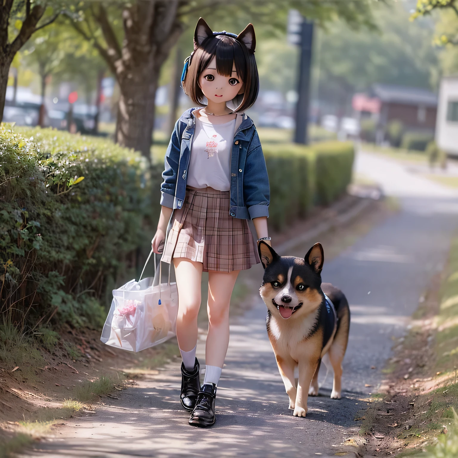 a bit, A Shiba Inu girl walking on a leash with a girl、cute girls