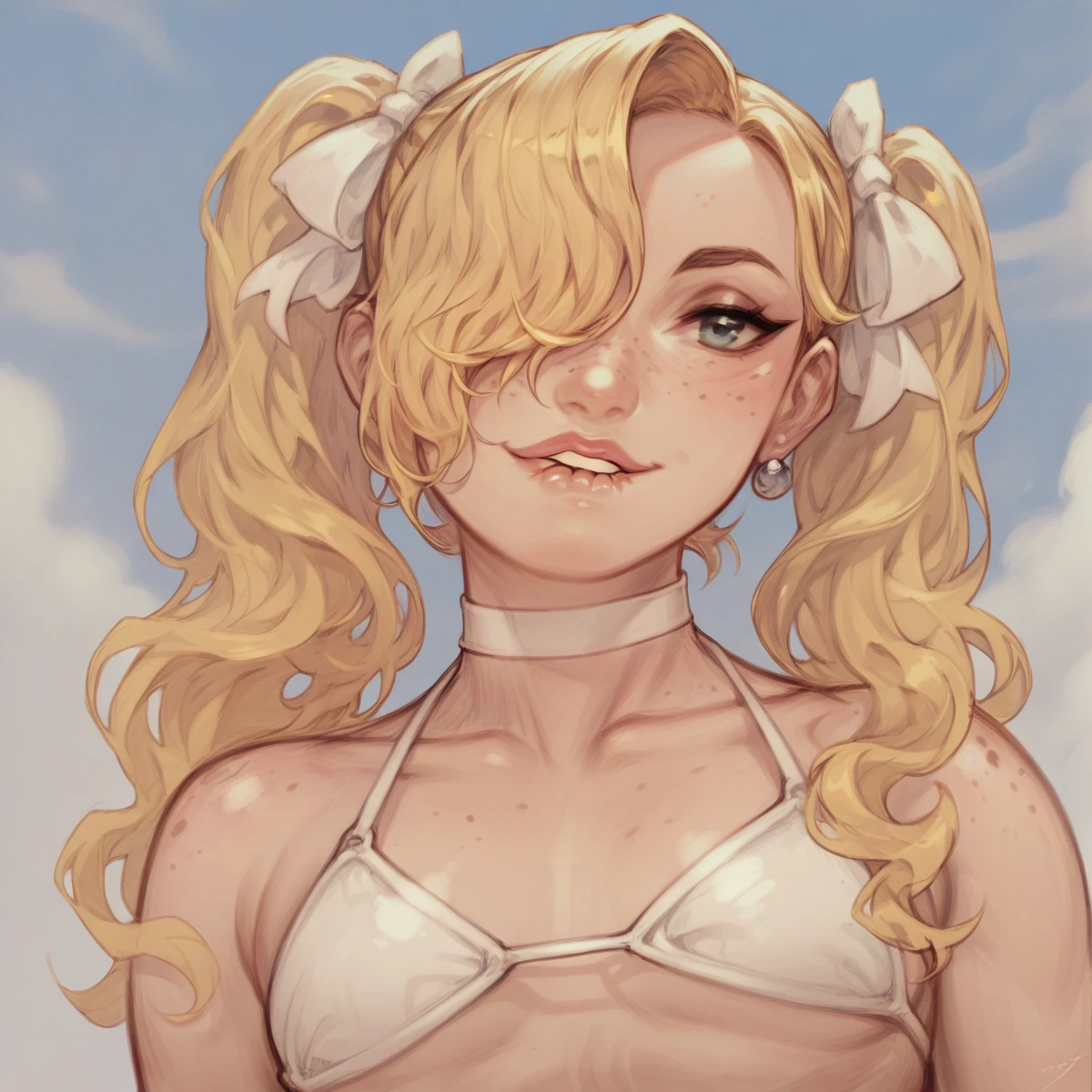 score_9,score_8_up,score_7_up,score_6_up,score_5_up,score_4_up, 1girl, pretty girl, blonde hair, in twintails, hair over 1 eye, cute nose. biting lip, seductive, white choker, pink lips, freckles, bikini, torso shot