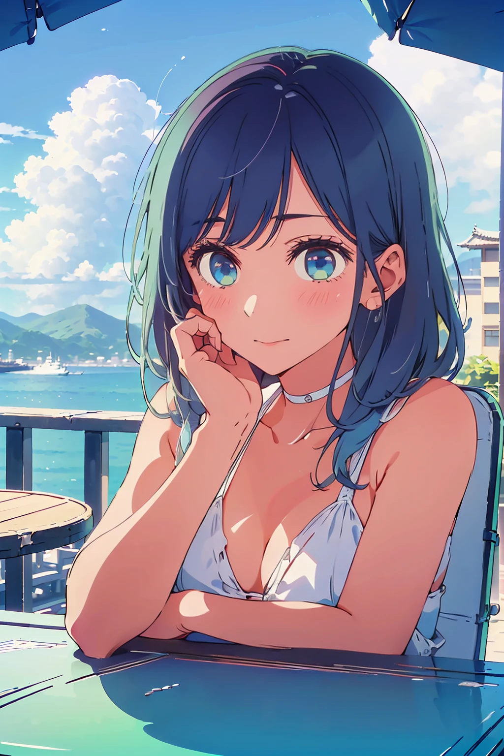 (Highest quality:1.4、8K:1.4、detailed)、F cup bust、Big Breasts、Slim body、Very white beautiful skin、((((1 person、Surprised expression、sit、Chair、In the background are the urban buildings of Tokyo、looking at the camera、Outdoor café terrace、coastal、Navy hair color、juice、White side string high leg bikini、Shooting up close、table、Very cute face))))、(Pose of putting hair behind ears with both hands:1.4)、Very blue sky、A completely cloudless sky