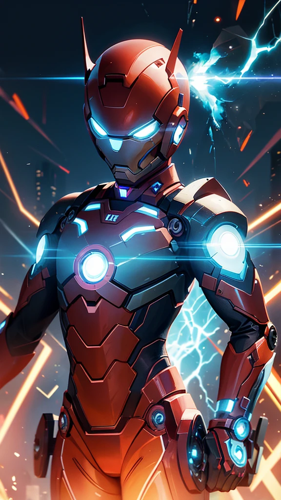 gloomy portrait of Ironman as Tron from Marvel, front view, extremely detailed, futuristic cityscape, nighttime, glowing neon lights, fire, sparks, explosion, metal shavings, battle scar, flying debris, blue energy effects, volumetric light,