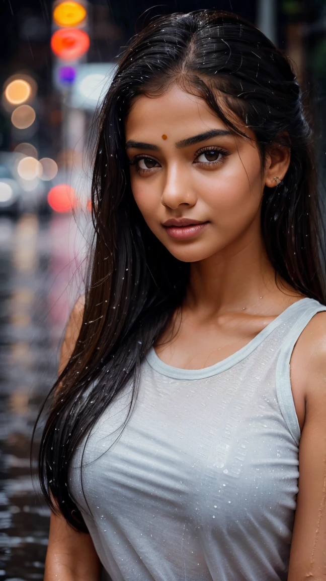 A masterpiece! A stunning Indian girl, her disheveled hair a testament to the torrential rain that surrounds her. Beautiful, detailed eyes sparkle with joy as she gazes directly at the viewer, her long locks tied back in a neat bun. She wears a casual t-shirt, slightly transparent from the wetness, and her medium-round breasts are subtly visible beneath. In a side pose, she revels in the heavy rain shower, her big cheeks flushed with happiness. The street background is a blurred Bokeh, while raindrops glisten on her skin, capturing the essence of a carefree rainy day.rain drops,paid girl , heavy rain, slightly show half nipple