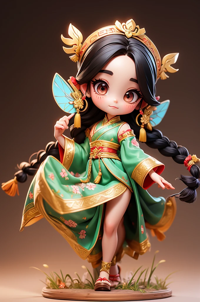 The appearance of the Earth Fairy is unforgettable,She has long black hair,Two cute braids,A red ribbon tied to the braid,Lively and traditional。Her eyes are big and bright,Like a shining black gem,A clever character is revealed。Fair and delicate skin,As if emitting light。 She is wearing traditional costumes of Dixi Opera.,Bright colors,Embroidered with exquisite patterns,Showing the beauty of traditional Chinese culture。The costumes are also inlaid with sequins and beads.,Makes the whole image more dazzling。Petite and delicate,Light and flexible movements,Gives a feeling of spirituality。
