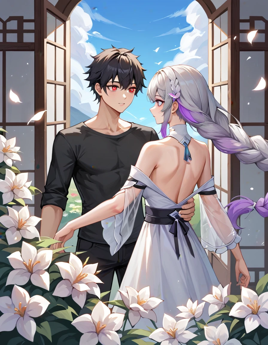 score_9,score_8_up,score_7_up,a picture of a couple,1girl and 1male,back to back, surrounding by Lycoris flowers,many petals flying,
yinji,1girl,purple_hair,purple_eyes,very_long_hair,grey_hair,braided_ponytail,gradient_hair, girl's hair is flowing,
1boy, short black hair, shirt,(Red pupils),cool