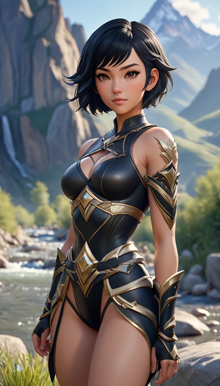 A detailed digital painting of a young female warrior in a fantasy setting. She has a sleek, short black bob haircut and is wearing an intricately designed, form-fitting black and gold armor set. The armor includes a cropped top with metallic gold accents and matching shorts, revealing a toned midriff. Her outfit is adorned with elegant patterns and has a modern yet fantastical style. The background features a serene, natural setting with flowing water and rocks, giving a peaceful atmosphere despite her battle-ready appearance. The lighting is soft, highlighting her delicate features and the reflective surfaces of her armor. The overall tone is ethereal and captivating.