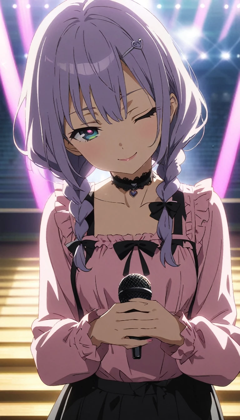 (Cute a girl:1.5), ((a girl with closs hair pin,pale purple hair,wavy two braids,bluntbangs hair,green and black eyes,
pink shirt,cosplay, jirai kei, bangs, black skirt, black bow, looking at viewer, bow, long sleeves, choker, ribbon,pink lips,Thick-soled boots,fullbody shot :1.4),boots focus,
(masterpiece:1.3), anime visual, small breast,slim,The girl holds the microphone in both hands and has her eyes closed :1.4),(masterpiece:1.3), anime visual, (Lovey-dovey:1.5), (tilt head:1.3), extremely delicate face, soft clean focus, realistic lighting and shading, (an extremely delicate and beautiful art:1.3), elegant, (muted colors:1.1), small breast,slim,smiling,The dazzling lights of the concert venue, the countless purple glow sticks,