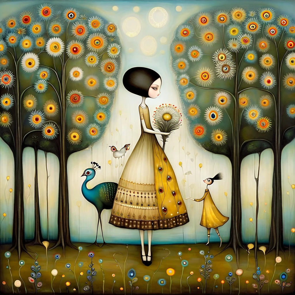 Patchwork by Klimt, Nicoletta Ceccoli, Naoto Hattori, Lawrence Didier, Leonora Carrington of European Woman with short black hair and a long, wide skirt collects flowers from small trees. peacocks, white dandelion flowers.