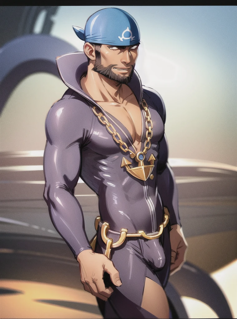 beard, male focus, wetsuit, bandana, 1boy, facial hair, dark skin, pectorals, dark-skinned male, blue bandana, angry, chain necklace, jewelry, necklace, anchor necklace, bara, bodysuit, muscular, muscular male, pokemon (creature), short hair, blue bodysuit, pectoral cleavage, covered abs, mature male, black eyes, looking at viewer, chain, anchor, large pectorals, watercraft, solo , underwater, teeth, skin tight, black hair, multicolored bodysuit, nicebulge , boots
