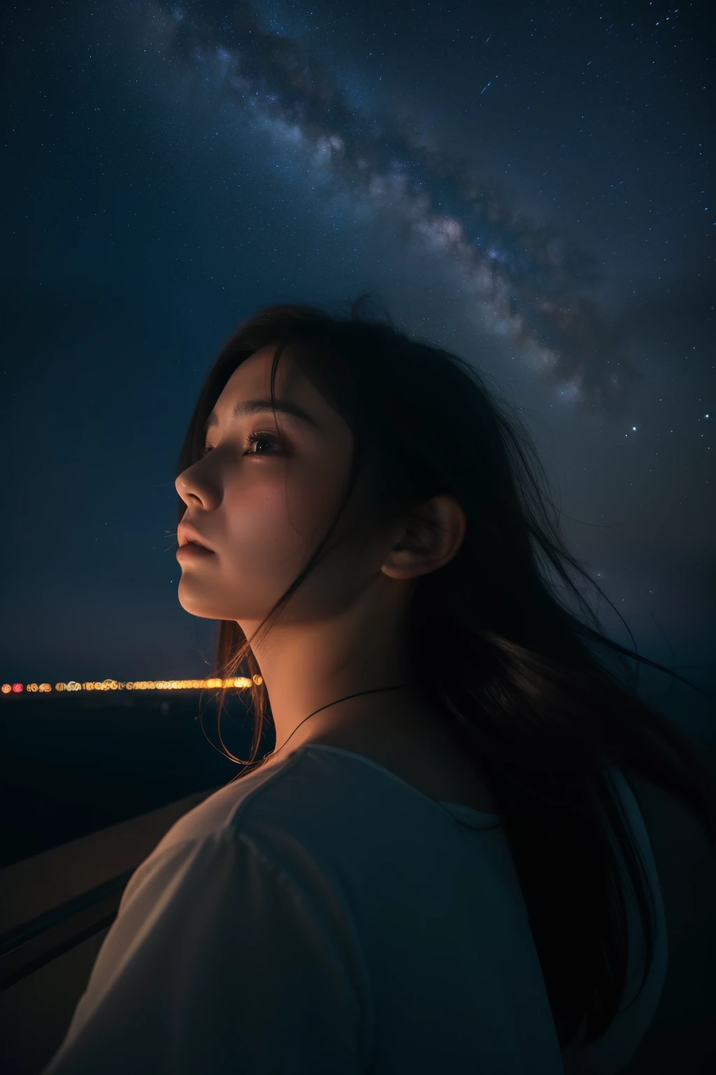 (masterpiece、top-quality、high-level image quality、ultra res,8K), (Raw foto:1.2), (Photorealsitic:1.4), (beautiful a girl,Sexy actress,japanes、cute little、Alone),Woman in anguish and despair,Beautiful and gentle photograph of a woman tired in body and mind、年轻、The emotional landscape reflects her spirit、Cool breeze blows、Night sky at the beginning of autumn、Night Stars々、Gaze at the sky、jpn、professional photograpy、
