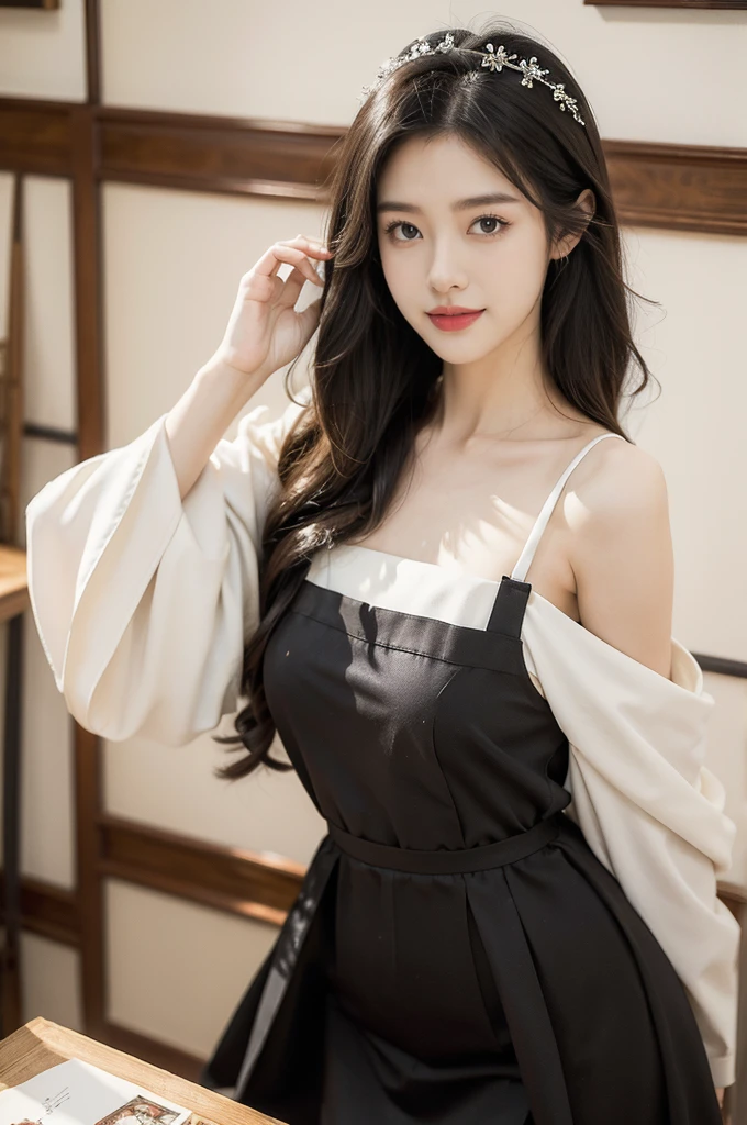 (((best quality))),(((ultra detailed))),(((masterpiece))),illustration,1girl,maid cafe,stunningly beautiful,slender,shoulder length flowing black hair,deep captivating eyes,maid uniform,short black dress,white apron,graceful movements,confident charm,warm genuine smile,France home,sliding paper doors,anime-inspired decorations,delicious coffee pastries,warm inviting atmosphere,joyful eyes,love for job,