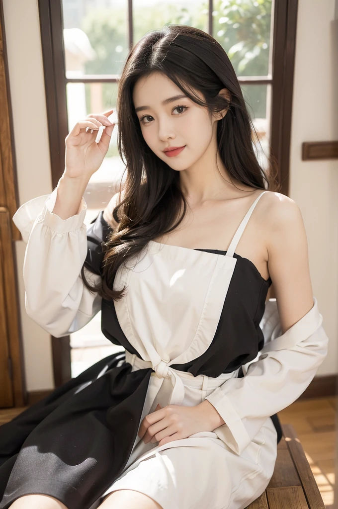 (((best quality))),(((ultra detailed))),(((masterpiece))),illustration,1girl,maid cafe,stunningly beautiful,slender,shoulder length flowing black hair,deep captivating eyes,maid uniform,short black dress,white apron,graceful movements,confident charm,warm genuine smile,France home,sliding paper doors,anime-inspired decorations,delicious coffee pastries,warm inviting atmosphere,joyful eyes,love for job,