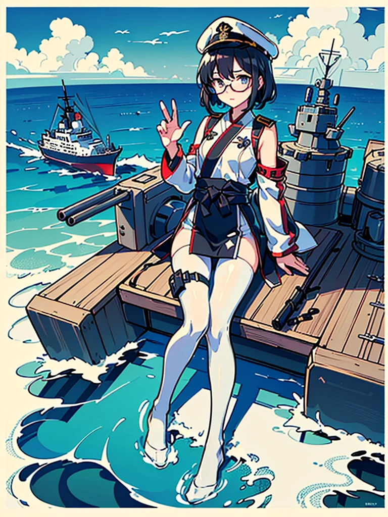 ((((Full body of a woman with perfect flat chest、Short unkempt black hair、white military jacket、Miko costume、tights、Black glasses、White military cap、Cloudy eyes、Sleepy expression)))), (((masterpiece))), (((Shipgirl))), ((Floating on the morning sea with both feet)), (Spread your legs wide open), (Hold the turret with your right hand), (Mechanical arms extending from the waist are used to equip the ship with battleship equipment.), (Equipped with a turret on the back), (Holds the turret with his left arm), Torpedo tubes strapped to thighs, Spreading the Machine's Wings, Machine tail, shotgun,