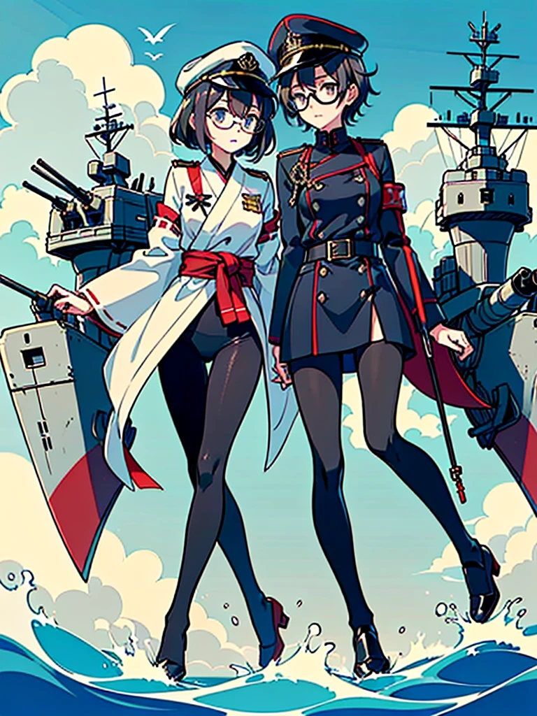 ((((Full body of a woman with perfect flat chest、Short unkempt black hair、white military jacket、Miko costume、tights、Black glasses、White military cap、Cloudy eyes、Sleepy expression)))), (((masterpiece))), (((Shipgirl))), ((Floating on the morning sea with both feet)), (Spread your legs wide open), (Hold the turret with your right hand), (Mechanical arms extending from the waist are used to equip the ship with battleship equipment.), (Equipped with a turret on the back), (Holds the turret with his left arm), Torpedo tubes strapped to thighs, Spreading the Machine's Wings, Machine tail, shotgun,