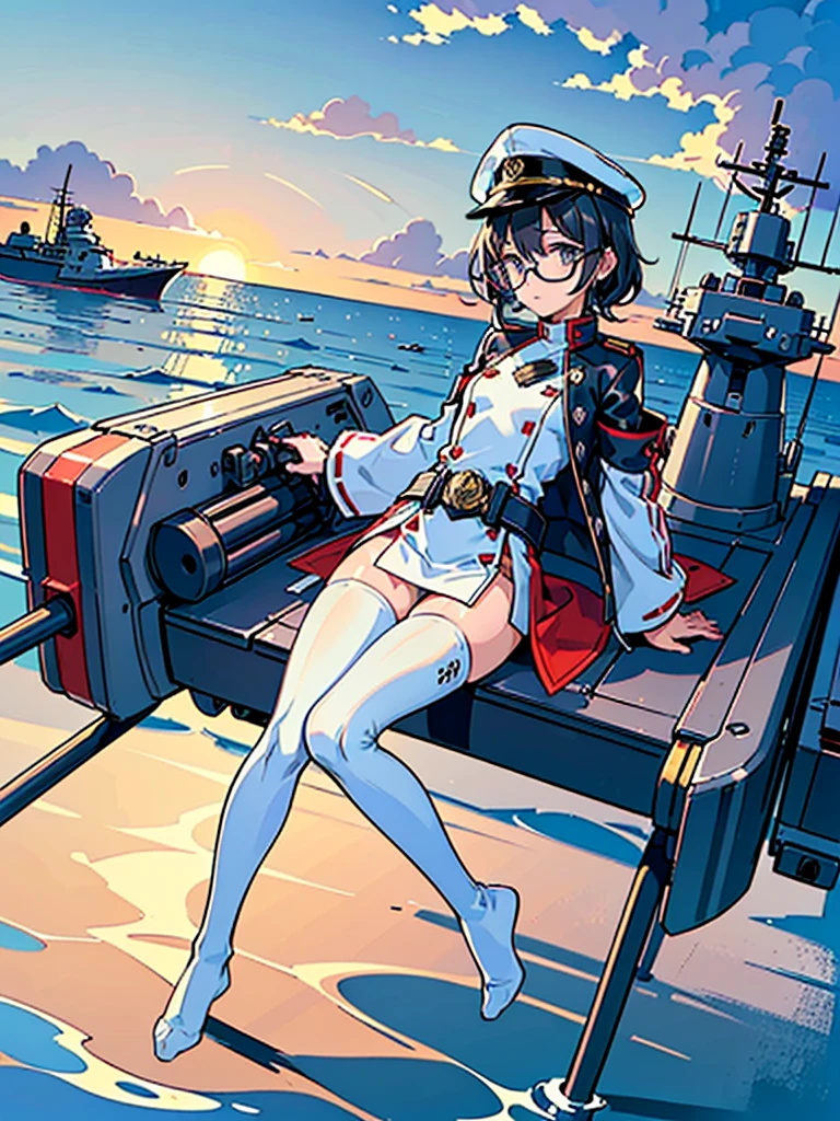 ((((Full body of a woman with perfect flat chest、Short unkempt black hair、white military jacket、Miko costume、tights、Black glasses、White military cap、Cloudy eyes、Sleepy expression)))), (((masterpiece))), (((Shipgirl))), ((Floating on the morning sea with both feet)), (Spread your legs wide open), (Hold the turret with your right hand), (Mechanical arms extending from the waist are used to equip the ship with battleship equipment.), (Equipped with a turret on the back), (Holds the turret with his left arm), Torpedo tubes strapped to thighs, Spreading the Machine&#39;s Wings, Machine tail,  shotgun, 