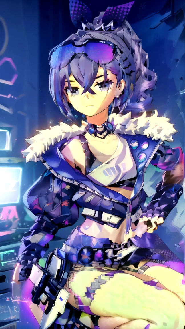 projektmelody, melody, hair ornament, multicolored hair, ponytail, purple hair, big breasts, highlighted hair, triangle hair ornament, two tone hair, sea green eyes, (small breasts:1.2),
BREAK bandaid, Plaster on the face, nose bandage, bare shoulders, (well belted:1.5), elbow gloves, fingerless gloves, gloves, grey gloves, grey swimsuit, grey thigh high, high heels, swimsuit, ponytail, thigh high, white shoes,
BREAK looking at viewer,
BREAK indoors,
BREAK (masterpiece:1.2), Best quality, A high resolution, unity 8k wallpaper, (illustration:0.8), (beautiful detailed eyes:1.6), very detailed face, perfect lighting, extremely detailed computer graphics, (perfect hands, Ideal Anatomy),