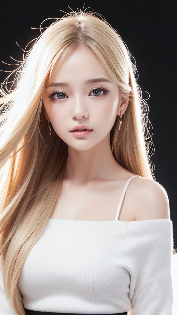 (((forehead、White background、Russia、Northern Europe、Upper body close-up)))、Sexy big boobs,25 year old beautiful girl is sexy and cute & Cute beautiful sexy face, A strong wind blows my hair in front of my face,Beautiful super long metallic blonde straight hair、Beautiful, cute and sexy eyes hidden behind long bangs、Sexy off-the-shoulder、Black ultra short mini skirt、