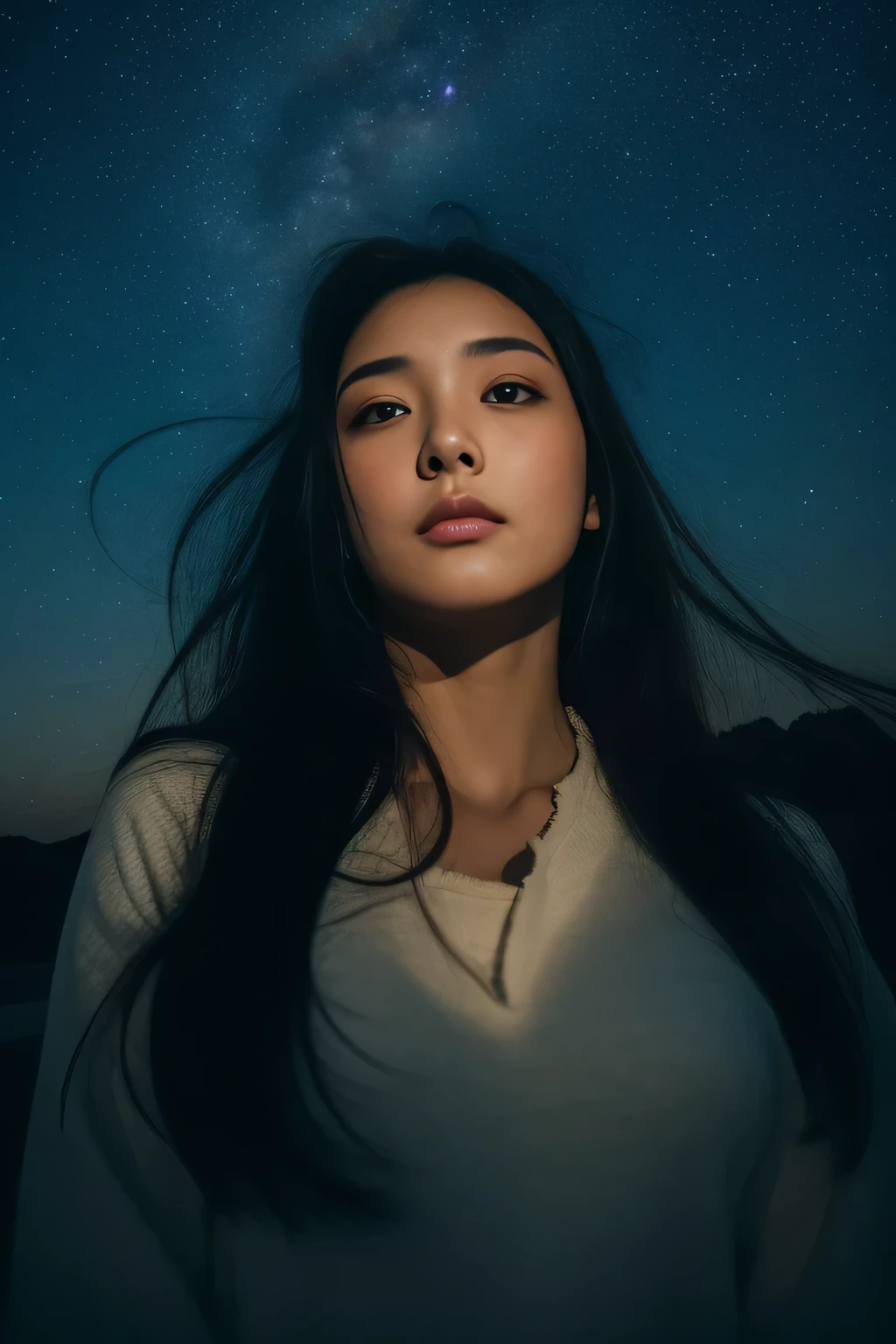 (masterpiece、Highest quality、high resolution、Ultra-high resolution,In 8K), (Raw photo:1.2), (Photorealistic:1.4), (Beautiful girls:1.3,Sexy Woman:1.3,Japanese,Beauty、alone),A woman in distress and despair,Beautiful and tender photo of a physically and mentally exhausted woman、young、Stardust Tears、The emotional landscape reflects her、Cool breeze blows、(Late Summer Night Sky、Stars at night、Intergalactic,Midnight night sky)、Looking up at the midnight sky、Japanese、Professional photography、Night on the Galaxy Express、((Romantic even at night,Photographed with love))、