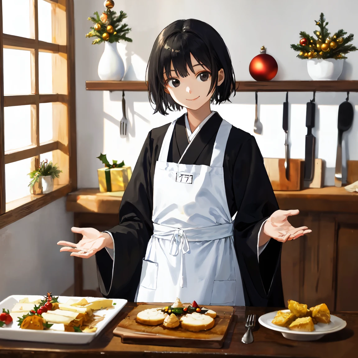 (masterpiece,absurdres), (best quality, high quality:1.4), perfect design,(1girlsolo,17 years old, black hair, short hair, black eyes, light smile, closed mouth, Japanese monk's black robe, buddhist black robe, long robe, white coverall apron, White cooking apron, white Kappogi, white apron, slender girl:1.3), (upper body,looking at food,cooking Lots of Christmas foods in the kitchen,Lots of Christmas foods on the table, turkey, Medieval European coffee shop kitchen)